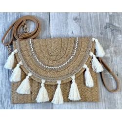 Sac pochette paille marron pompon