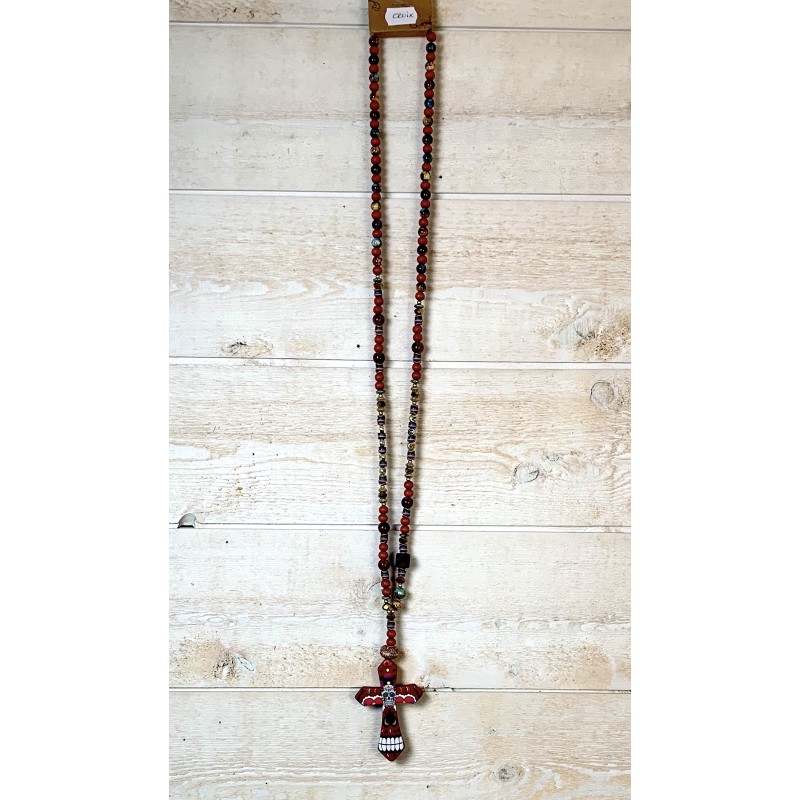 Collier sautoir Croix TDM rouge