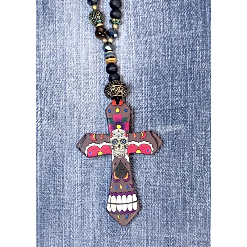 Collier sautoir Croix TDM gris violet