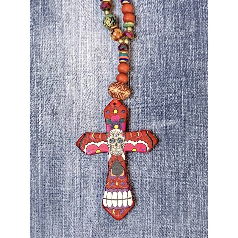 Collier sautoir Croix TDM rouge