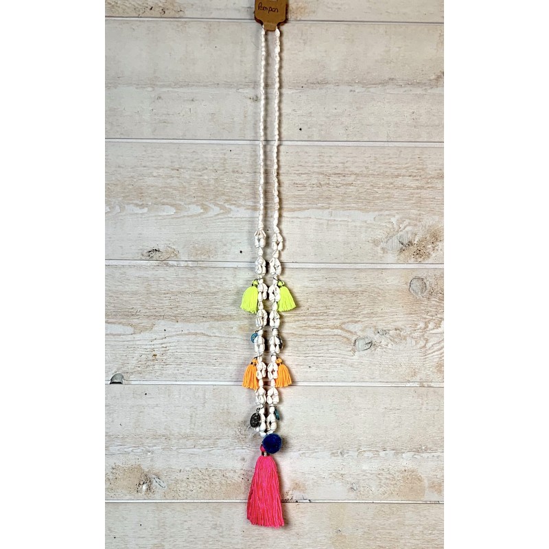 collier sautoir pompon fluo